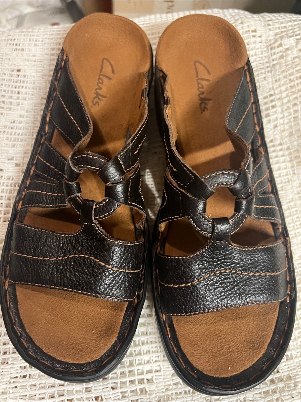 Clarks Black Leather  Slide Sandals with Tan Footbed